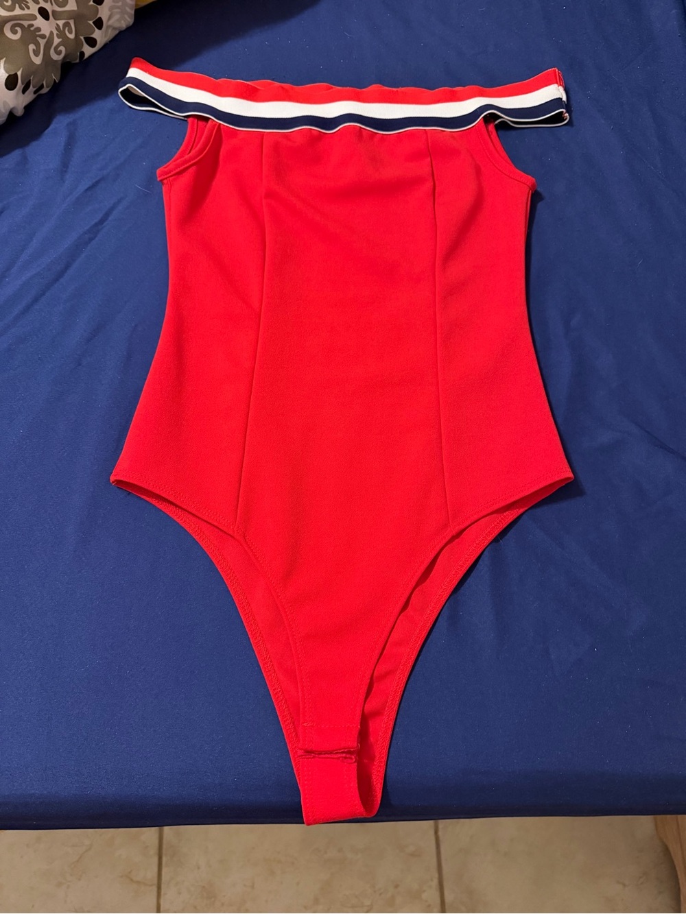 Red Off-Shoulder Bodysuit with Striped Trim
